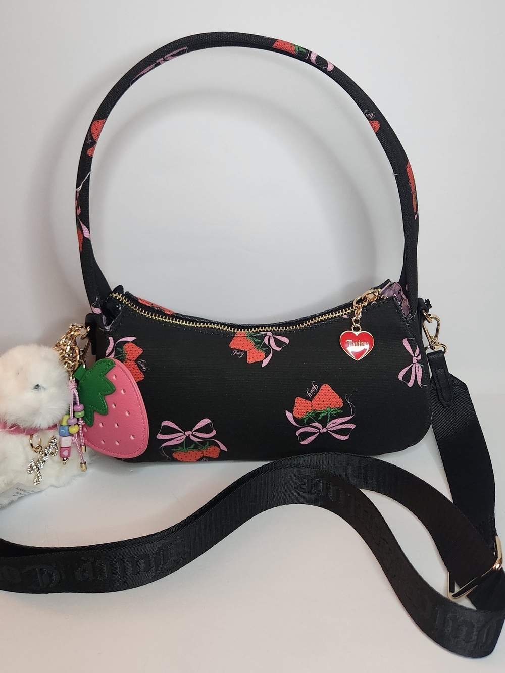 Juicy Couture Black Strawberry Print Shoulder Bag with 2 Bag Charm Accents